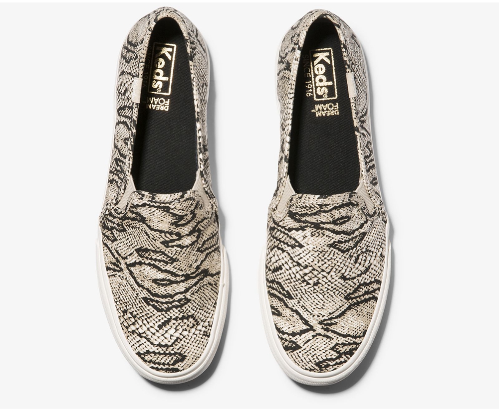 Slip Ons Keds Femme Blanche/Noir - Double Decker Animal - 367-KCSVPJ